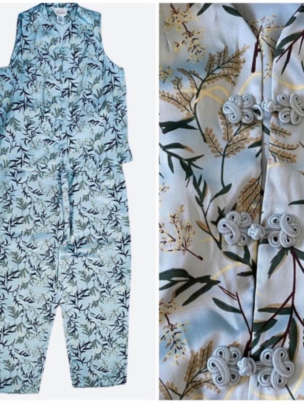 Vintage Satin Lounge Set Chinese Style Bamboo Leaf Floral Print size M
